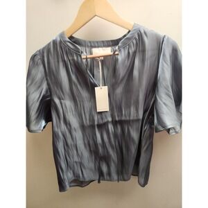 MELLODAY‎ Blue Silky V-Neck Tie Neck Short Sleeve Blouse Top Size S